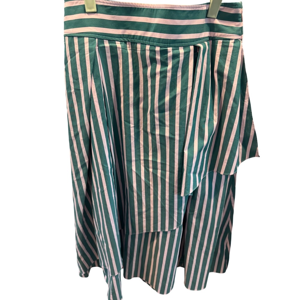 Halogen x Atlantic-Pacific Striped Midi Skirt Teal Green Pink Pleated Pockets M